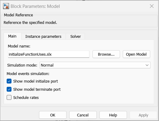 The Block Parameters dialog box for the Model block.