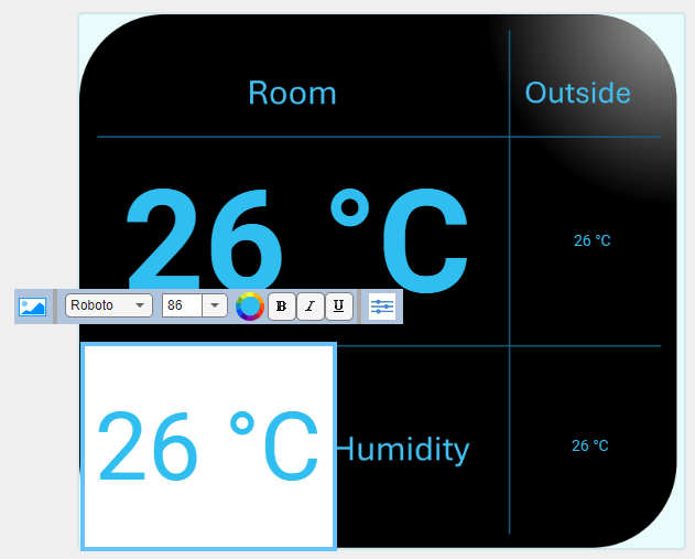 Panel with the Display block in the lower left cell in design mode and the font size set to 86