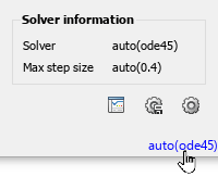 The pointer is on the text in the status bar that indicates the selected solver. The Solver information menu shows selected parameter values above three buttons.