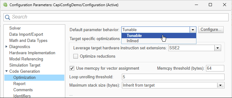 Configuration Parameters dialog box. The Code Generation > Optimization pane is open. From the Default parameter behavior list, Tunable is selected.