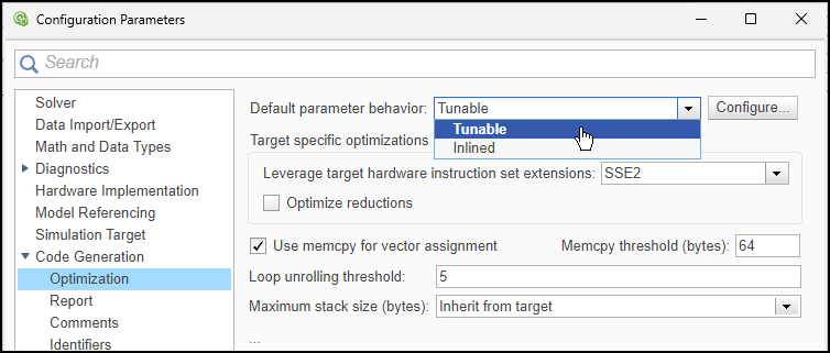 Configuration Parameters dialog box. The Code Generation > Optimization pane is open. From the Default parameter behavior list, Tunable is selected.