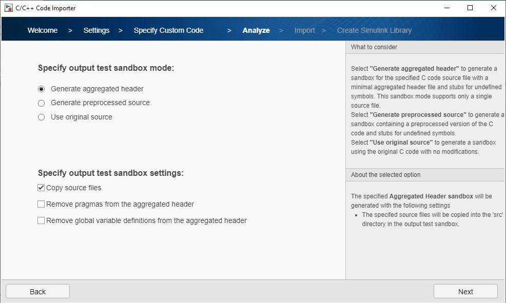 Custom code importer wizard tab for sandbox output mode and settings