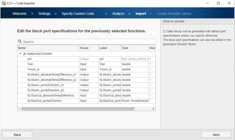 Custom code importer wizard tab to edit block port specifications