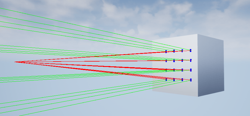 A cube actor in the 3D environment with raytrace sensor firing rays on the cube.
