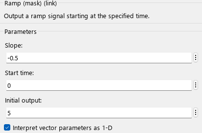 The block parameter dialog box of ramp block shows slope, start time, and initial output.
