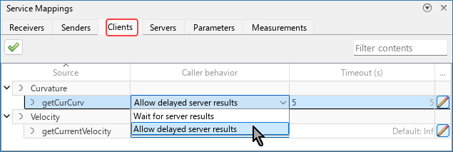 Server Mappings editor with the Clients tab selected. The Timeout (s) value for the GetCurCurv entry is 5, and for its Caller behavior, the mouse is selecting the value Allow delayed server results.