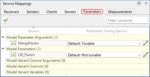 Service Mappings editor with the Parameters tab selected. The parent entries Model Parameter Arguments and Model Parameters have each one child entry. The parent entries Model Variant Control Arguments, Model Variant Controls, and Model Variant Variables have no child entries.