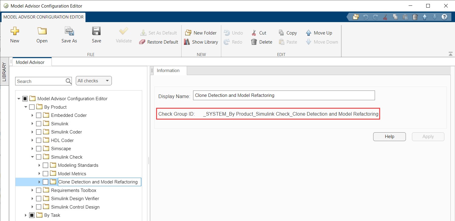 Model Advisor Configuration Editor with Clone Detection and Model Refactoring selected, showing its Check Group ID highlighted