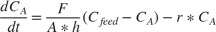 $$\frac{d C_A}{dt} = \frac{F}{A * h}(C_{feed} - C_A)-r*C_A$$