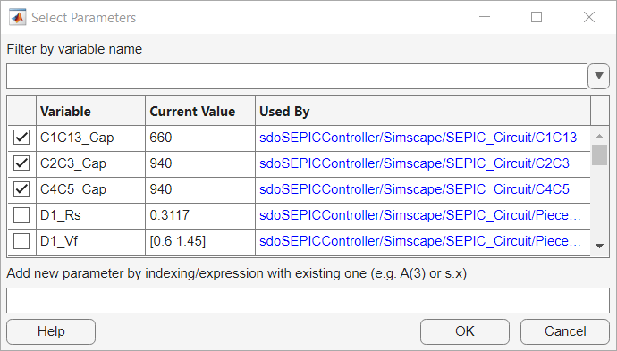 Select Parameters dialog box with the specified variables selected