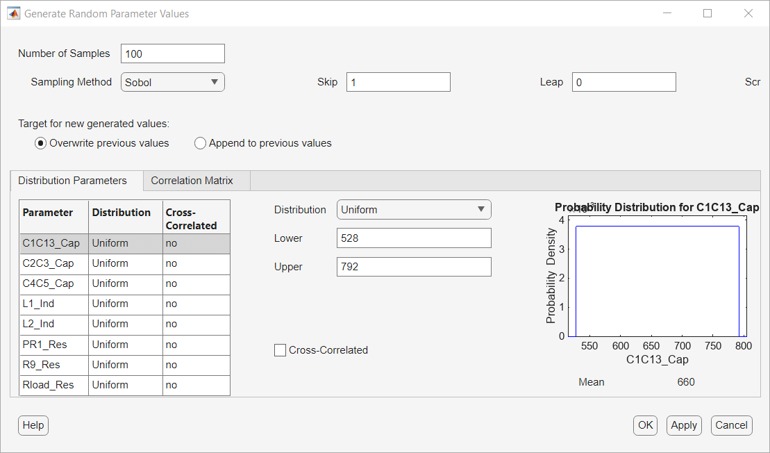 Generate Random Parameter Values dialog box with the specified values entered