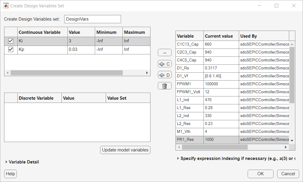 Create Design Variables Set dialog box with all variables table on the right, and the design variables Kp and Ki in the table on the top left