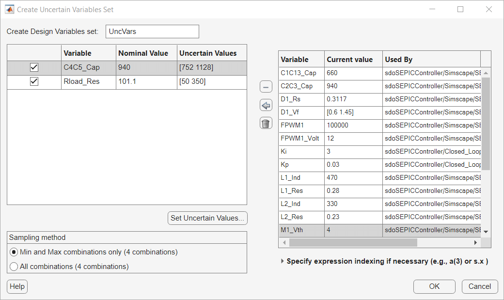 Create Uncertain Variables Set dialog box with all variables table on the right, and the uncertain variables C4C5_Cap and Rload_Res in the table on the top left