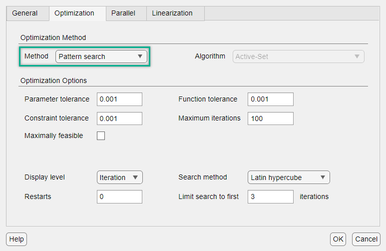 Optimization tab showing that the Method is Pattern search