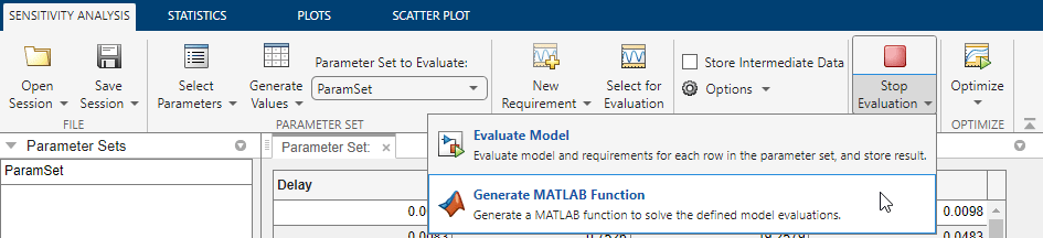 Generate MATLAB function is selected in the dropdown list for Evaluate