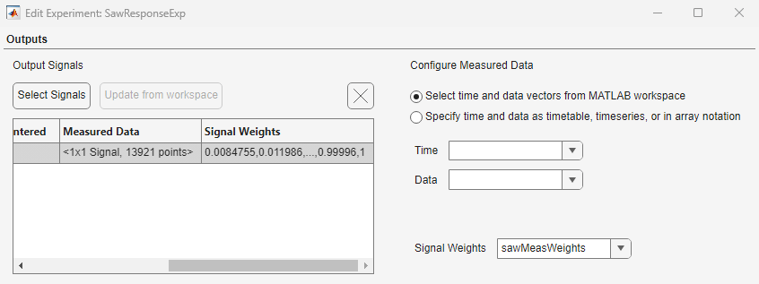 Edit Experiment dialog box showing the signal weights