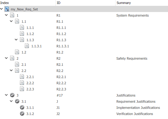 A requirement set with two parent requirements and one parent justification. The requirements and justification are collapsed to show the lower-level requirements and justifications.