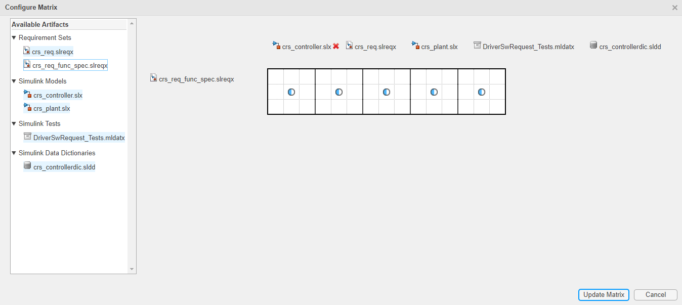 The Configure Matrix dialog. Multiple top artifacts are selected.