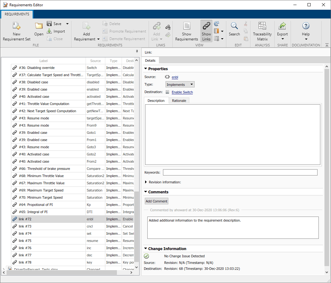 The Links view in the Requirements Editor. The Properties and Comments sections are expanded.