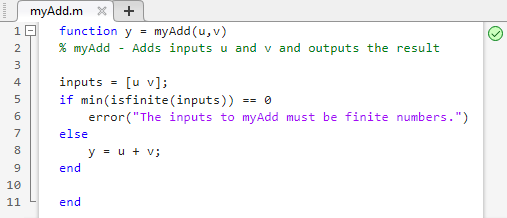 The myAdd function is shown in the MATLAB Editor.