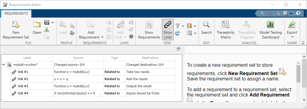 The myAdd~m link set and its four links are shown in the Requirements Editor.