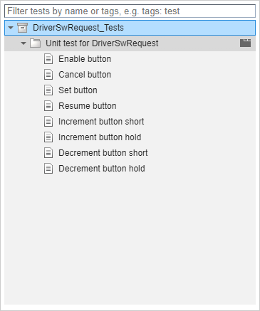 The DriverSwRequest_Tests test file is shown in the Test Browser. Its single test suite and eight test cases are shown.