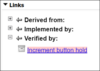 The Links section in the right pane. The Increment button hold test case is highlighted.