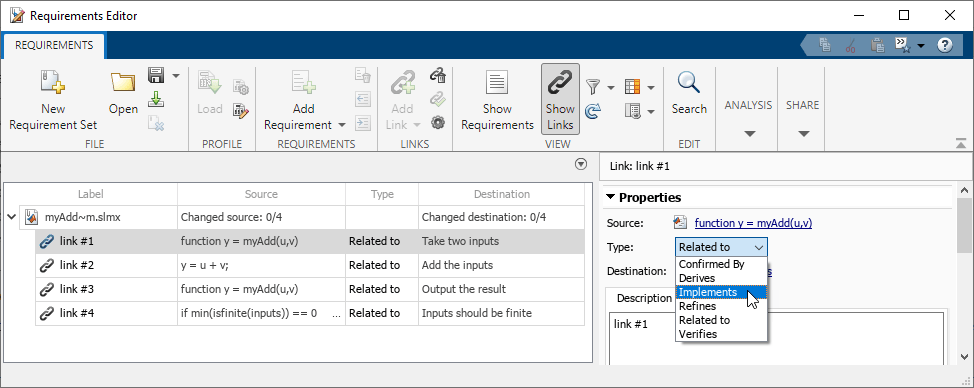 In the Requirements Editor, link #! is selected in the myAdd~m link set. In the right pane, under Properties, the mouse points to the Implements menu item in the Type menu.