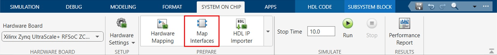 System on Chip toolstrip, Map Interface button