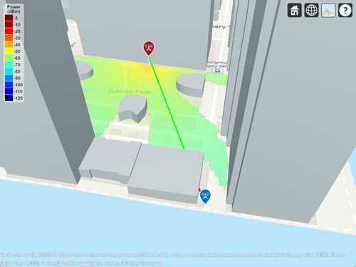 A line connecting a transmitter site and receiver the site. The line cuts through a building. The line is green between the transmitter site and building, and is red between the building and the receiver site.