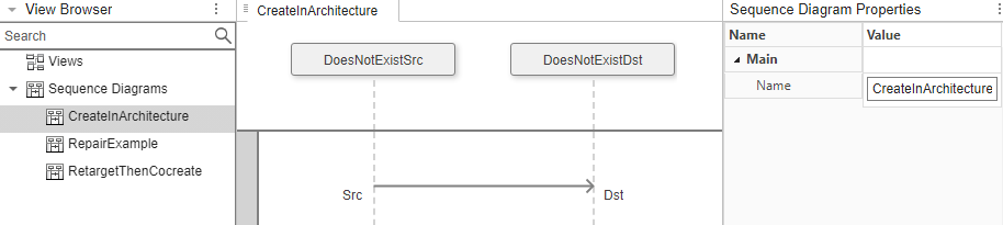 View Browser of the Architecture Views Gallery with the CreateInArchitecture sequence diagram selected.