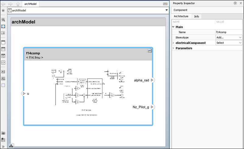 On the Property Inspector, the electricalComponent stereotype is applied to the f14comp FMU component.
