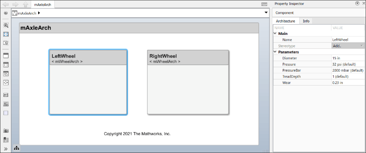 Property Inspector showing the parameters associated with the LeftWheel component and its editable values