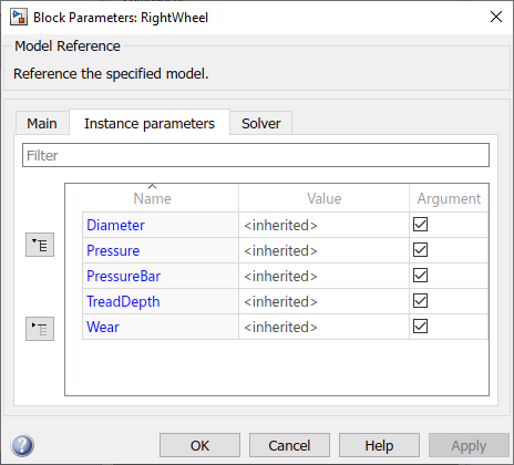 Instance parameters for the RightWheel block with the Argument check boxes selected
