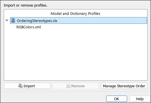 Manage Profiles tool with RGBColors profile shown linked ot the OrderingStereotypes model and the Manage Stereotype Order button visible on the bottom right.