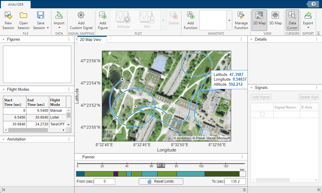 Data cursor on 2d map and panner, set at 30.4697 seconds. In the map, it is shown that the UAV has latitutde of 47.3987, longitude if 8.54837, and altitude of 592.212 meters.