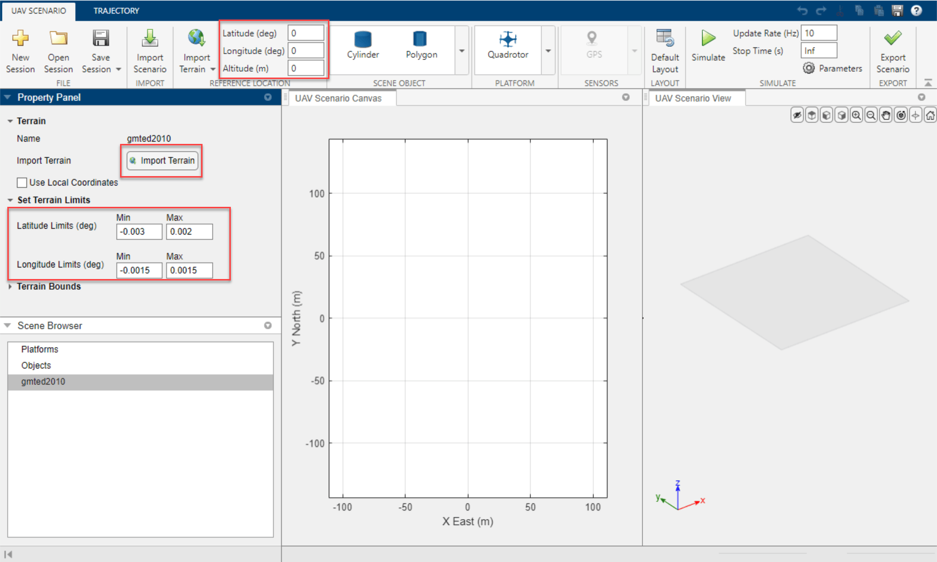 UAV Scenario Designer app with gmted2010 terrain selected, highlighting reference location and terrain limit settings in the Property Panel