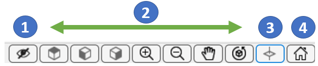 UAV Scenario View toolbar with numbered labels for object markers, visualization controls, zoom to selected, and restore view