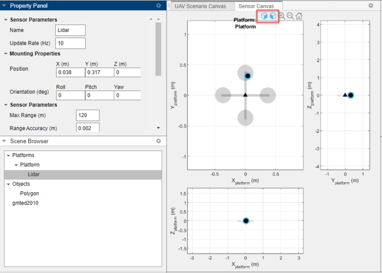 Sensor Canvas showing a lidar sensor mounted on the platform with parameters including 120 m max range and 10 Hz update rate