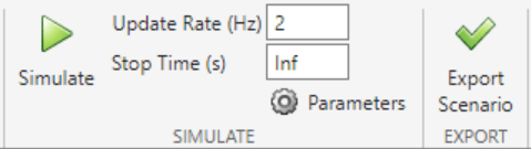 Simulate and Export sections of the UAV Scenario toolstrip with Update Rate set to 2 Hz and Stop Time set to Inf