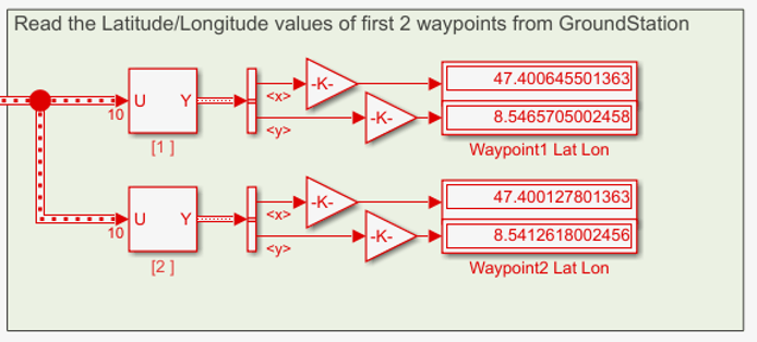 latitude and longitude values from the first two waypoints of the modified mission in Simulink
