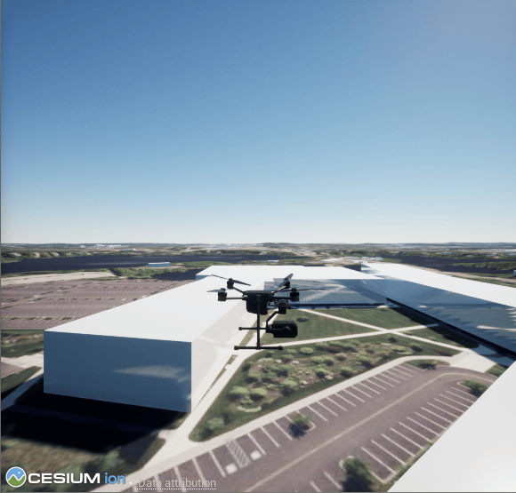 3D Cesium Ion simulation showing the quadcopter from a different angle during the flight mission