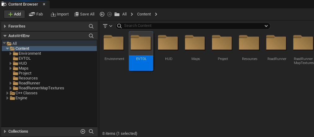 Content Browser menu of Unreal Editor. EVTOL folder is created and selected.