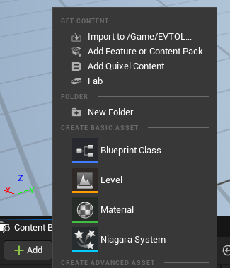 Menu shown in Unreal editor after clicking +Add button. Option for Import to /Game/EVTOL... is located at first row.