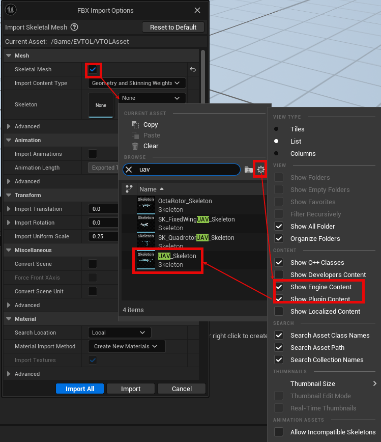 FBX Import Options. Skeletal mesh option is selected. In the skeleton mesh option, Show Engine Content and Show Plugin Content is selected.