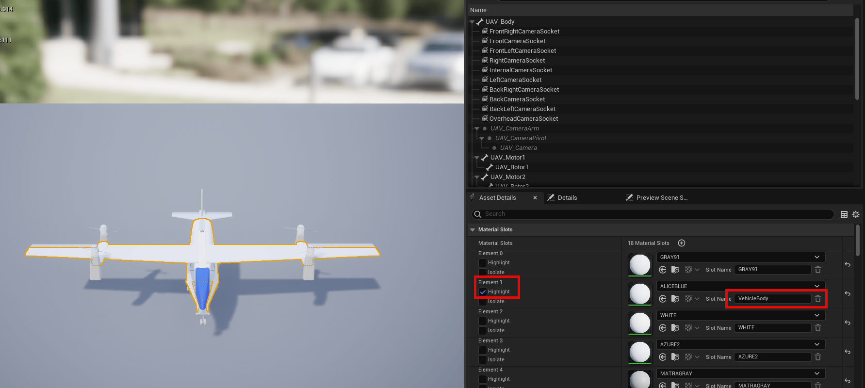 Asset details window. Element 1 is selected, wth slot name set to VehicleBody