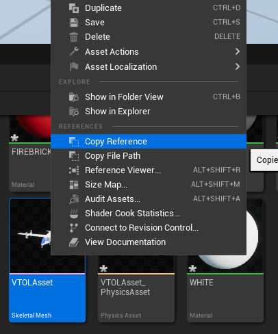 Unreal Editor menu shown by right-clicking the VTOLAsset in Content Browser. Copy Reference option is located under References.