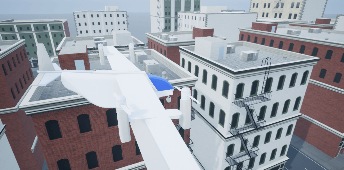 VTOL UAV flying in urban environment.