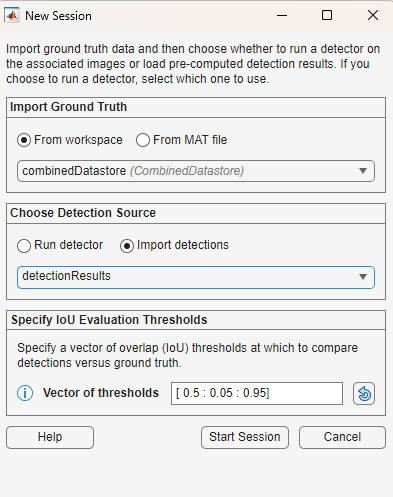 Dialog to create a new app session for evaluating object detections against ground truth and compute performance metrics.