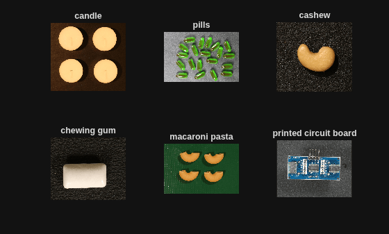 Figure contains 6 axes objects. Hidden axes object 1 with title candle contains an object of type image. Hidden axes object 2 with title pills contains an object of type image. Hidden axes object 3 with title cashew contains an object of type image. Hidden axes object 4 with title chewing gum contains an object of type image. Hidden axes object 5 with title macaroni pasta contains an object of type image. Hidden axes object 6 with title printed circuit board contains an object of type image.